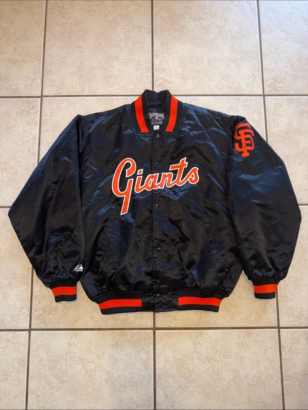 Giants Satin Bomber Jacket in Black with Orange Trim